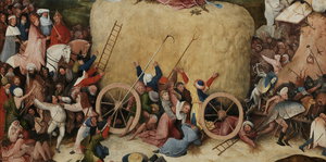 Bosch-Gemälde mit verschiedenen Szenen um einen Heuwagen