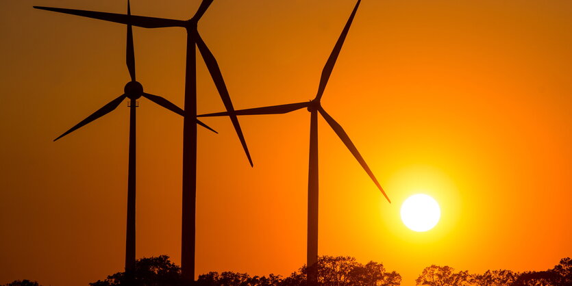 drei Windräder im Sonnenuntergang