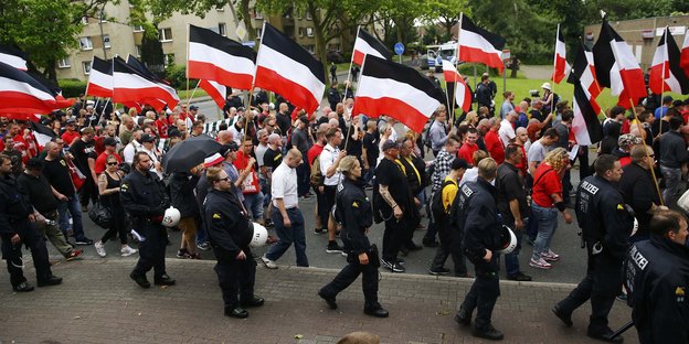 Eine Demonstration mit vielen Schwarz-Weiß-Roten-Flaggen