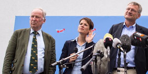 Frauke Petry und Jörg Meuthen, Sprecher des Bundesvorstands der AfD, und ihr Stellvertreter Alexander Gauland bei einer Pressekonferenz auf der Dachterrasse der AfD-Parteizentrale in Berlin