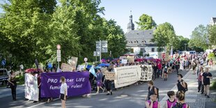 Protestzug auf einer Straße, dahinter ein Türmchen