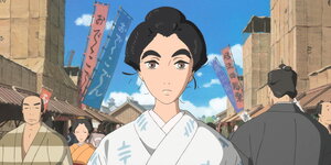 Ausschnitt aus dem Zeichentrickfilm Miss Hokusai, der die Hauptfigur frontal auf den Straßen des historischen Tokio zeigt