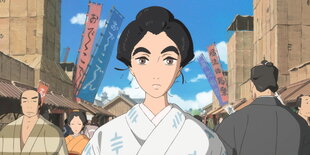 Ausschnitt aus dem Zeichentrickfilm Miss Hokusai, der die Hauptfigur frontal auf den Straßen des historischen Tokio zeigt