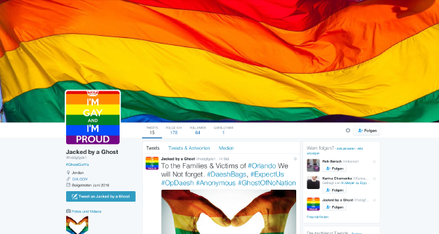Screenshot des Twitter-Accounts eines IS-Anhängers, der gehackt wurde und nun gaypride-Zeug zeigt