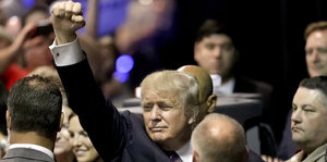 Donald Trump hebt den rechten Arm und macht eine Faust - in einer Menschenmenge