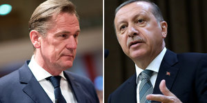 Ein zweigeteiltes Bild zeigt Mathias Döpfner und Recep Tayyip Erdoğan