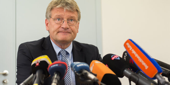 AfD-Fraktionschef Meuthen sitzt hinter Rundfunkmikrofonen bei einer Pressekonferenz