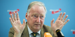 Alexander Gauland sitzt mit erhobenen Händen hinter einem Mikrofon