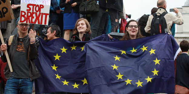 Menschen halten EU-Fahnen ausgebreitet in ihren Händen