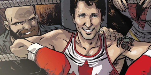 Justin Trudeau sitzt als Comicfigur im Ring. hinter ihm stehen mehrere Superhelden, unter anderem Iron Man.