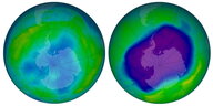 Eine Grafik zeigt das Ozonloch über der Antarktis, links ist es hellblau und kleiner, rechts ist es lila und größer