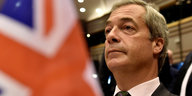Links im Vordergrund die Flagge Großbritanniens, rechts Nigel Farage, ein älterer Mann mit grauen Haaren im Profil