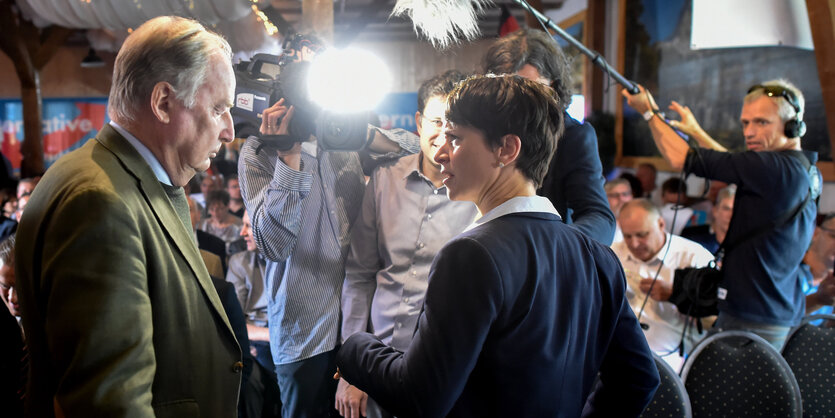 Alexander Gauland und Frauke Petry stehen vor Kameras