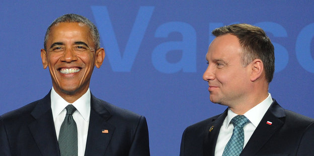 US-Präsident Obama und Polens Präsident Duda lächeln