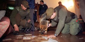 Polizisten mit einem Hund bei einer Spurensicherung