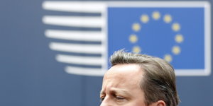 Die Hälfte von Camerons Kopf unter einem EU-Symbol