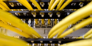 Gelbe Netzwerkkabel stecken an einem Computer