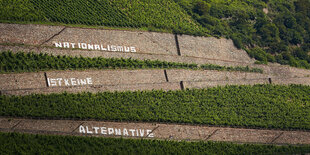 An Mauern zwischen Weinbergen steht „Nationalismus ist keine Alternative“