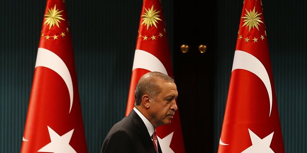 Der türkische Präsident Erdogan vor drei Türkei-Fahnen