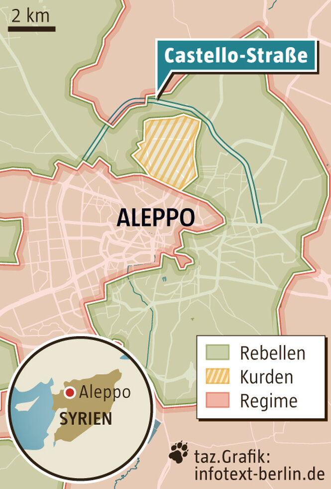 Stadtplan von Aleppo mit Machtbereichen von Rebellen, Regime und Kurden