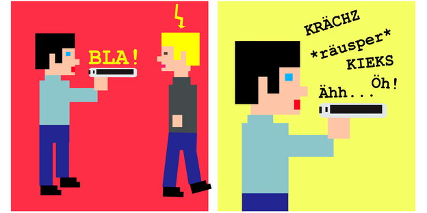Illustration mit zwei Bildern, links hält ein Mann sein Handy komisch vor den Mund, ein anderer schaut ihn an, rechts spricht der Mann Stotterlaute in das Handy Illustration mit zwei Bildern, links hält ein Mann sein Handy komisch vor den Mund, ein anderer schaut ihn an, rechts spricht der Mann Stotterlaute in das Handy