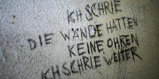 Eine halbverottete Wand, auf der steht: "Ich schrie die wände hatten keine ohren ich schrie weiter""