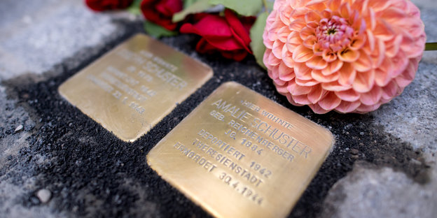 Zwei goldfarbene Steine im Bodenpflaster. Auf einem kann man den Namen Amalie Schuster erkennen. Daneben liegt ein Blume