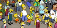 Eine Gruppe von mehreren Simpson-Figuren steht auf der Straße und schaut nach oben