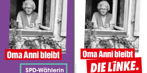 Die Linken- und die SPD-Version des Wahlplakats mit Oma Anni