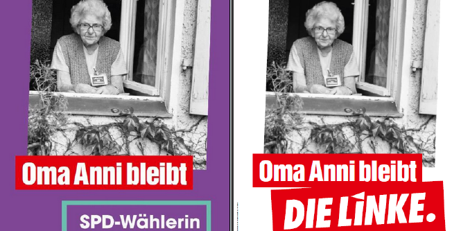 Die Linken- und die SPD-Version des Wahlplakats mit Oma Anni