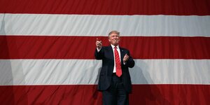 Donald Trump vor einer riesigen US-Fahne