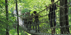 Mehrere Menschen überqueren eine Hängebrücke im Wald