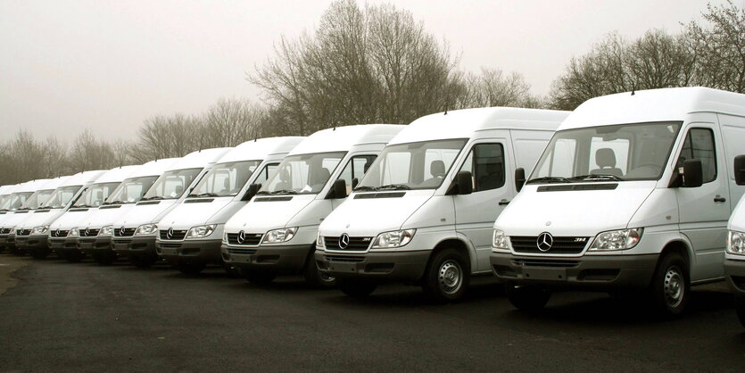 13 Mercedes-Transporter stehen nebeneinander