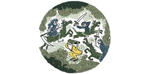 Illustration: In einem gezeichneten Oval kämpfen Männer auf Pferden mit Schwertern, ein Mann mit Aktenkoffer über dem Kopf duckt sich