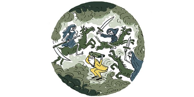 Illustration: In einem gezeichneten Oval kämpfen Männer auf Pferden mit Schwertern, ein Mann mit Aktenkoffer über dem Kopf duckt sich