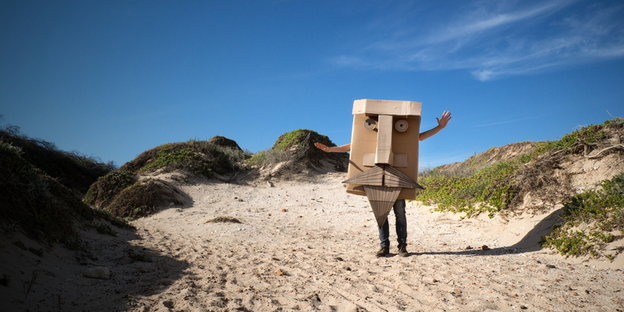 Ein Mensch mit Pappkartonverkleidung steht am Strand