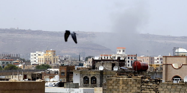 Über einer jemenitischen Stadt steigt eine Rauchwolke auf, unscharf fliegt im Vordergrund ein Vogel