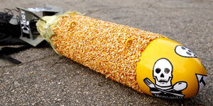 eine große mit Maiskörnern beklebte Bombenattrappe mit Monsanto-Totenkopf-Aufklebern
