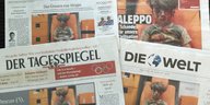 Die Titelseiten von mehreren Zeitungen, darunter der Tagesspiegel, Die Welt und die Berliner Zeitung, mit dem Bild des Jungen von Aleppo