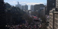 Menschenmenge demonstriert auf einem Boulevard