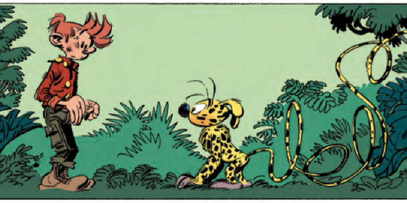 Auf einem Comicbild stehen sich Spirou und das Marsupilami gegenüber