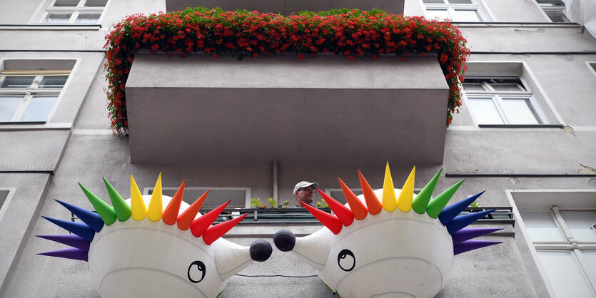 Zwei aufblasbare Igel mit Regenbogenstacheln hängen waagerecht an einem Wohnungsbalkon