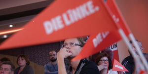 eine Fahne, auf der Die Linke steht, dahinter ein Mann