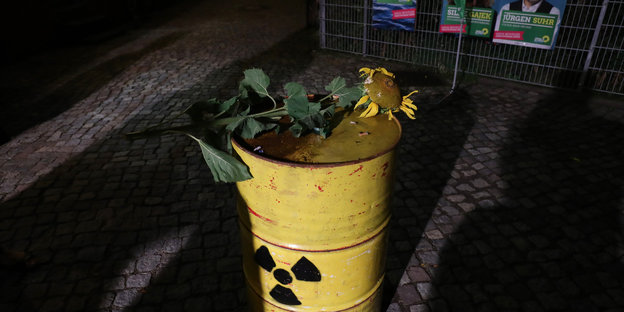 Eine Mülltonne mit Atomsymbol steht auf Pflastersteinen