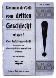 Deckblatt mit der Aufschrift „Was muss das Volk vom Dritten Geschlecht wissen. Eine Aufklärungsschrift vom Wissenschaftlich humanitären Komitee“