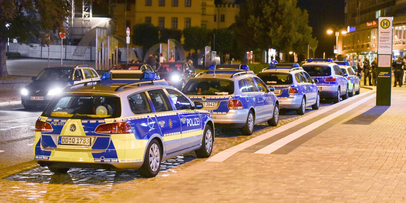 Polizeiwagen stehen hintereinander an einem Straßenrand