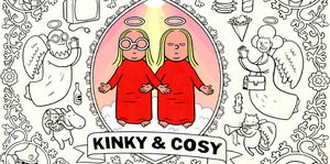 Eine Comiczeichnung von zwei Mädchen in roten Kleidern, drumherum jede Menge Kleinkram