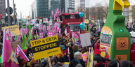 Blick auf Demonstranten der 'Wir haben es satt"-Demo in Berlin. Schilder gegen TTIP werden hochgehalten.