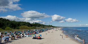 Leute liegen im Strandkorb, das Wetter ist gut