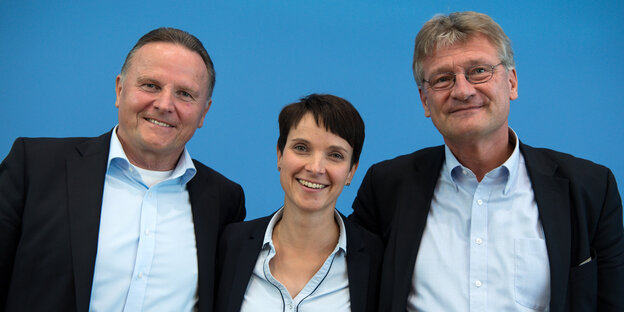 Georg Pazderski, Frauke Petry und Jörg Meuthen stehen lächelnd nebeneinander